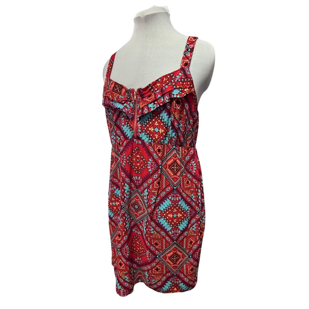 Womens Red Turquoise Geometric Print Ruffle Zip Front‎ Mini Dress XL Y2K